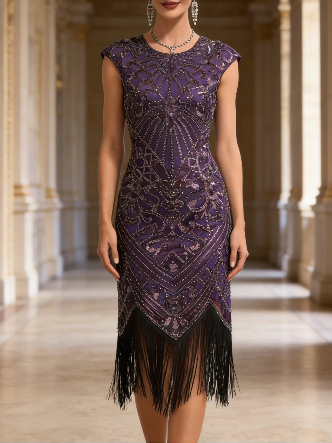 1920s The Great Gatsby Outfit Sheath/Column Scoop Short Sleeves Sequins Tassels Vintage Dresses Tea-Length