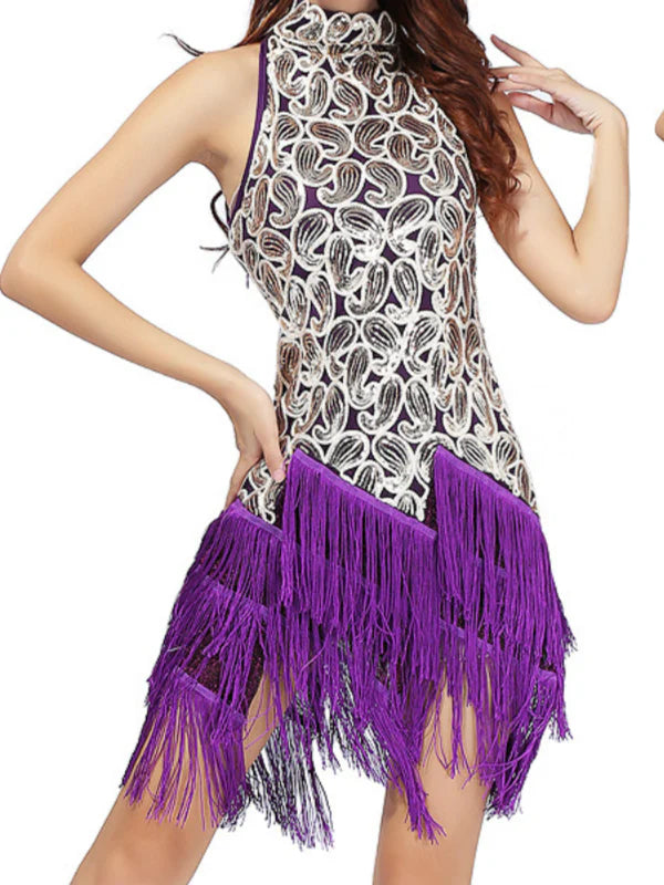 1920s The Great Gatsby Outfit Sheath/Column Halter Sleeveless Sequins Tassels Vintage Dresses Mini/Short