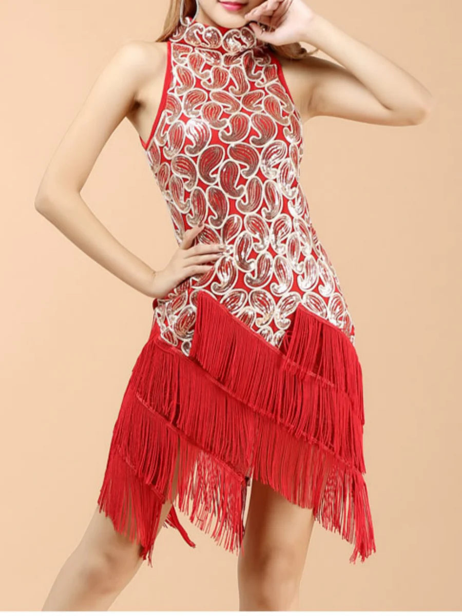 1920s The Great Gatsby Outfit Sheath/Column Halter Sleeveless Sequins Tassels Vintage Dresses Mini/Short