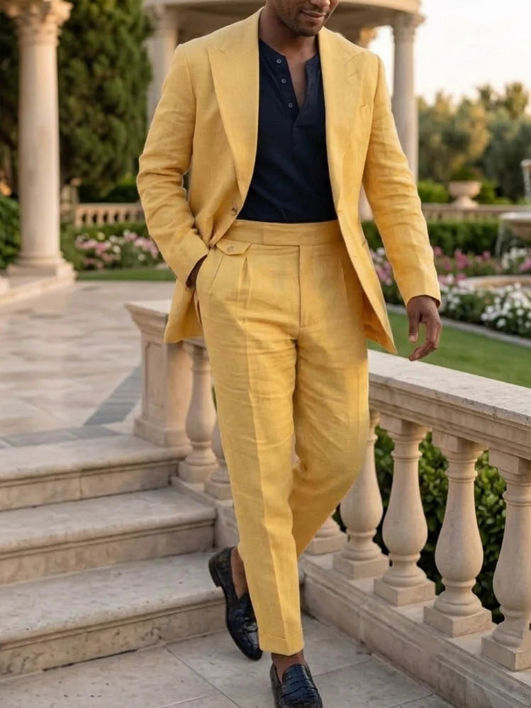 Men's 2 Pieces Linen-Cotton Single-Breasted Suit Long Sleeves