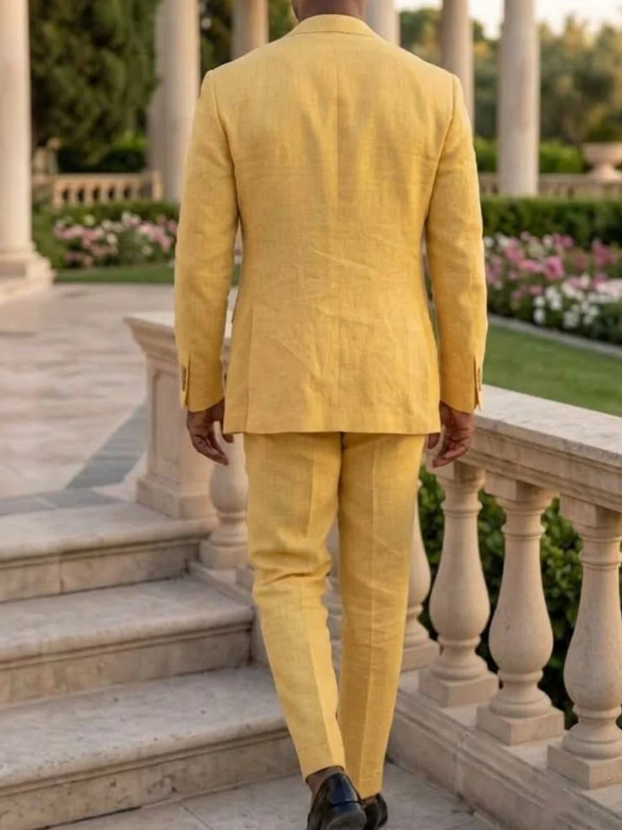 Men's 2 Pieces Linen-Cotton Single-Breasted Suit Long Sleeves