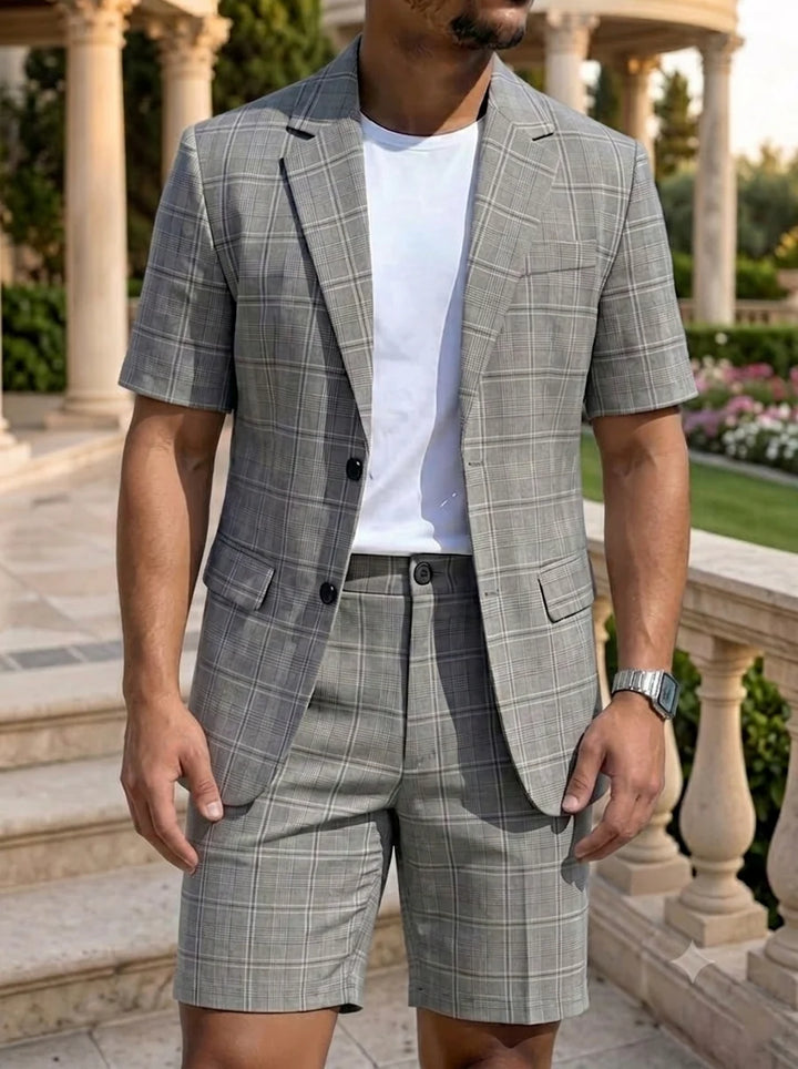 Men's 2 Pieces Single-Breasted Two Buttons Plaid Blazer Short Sleeves