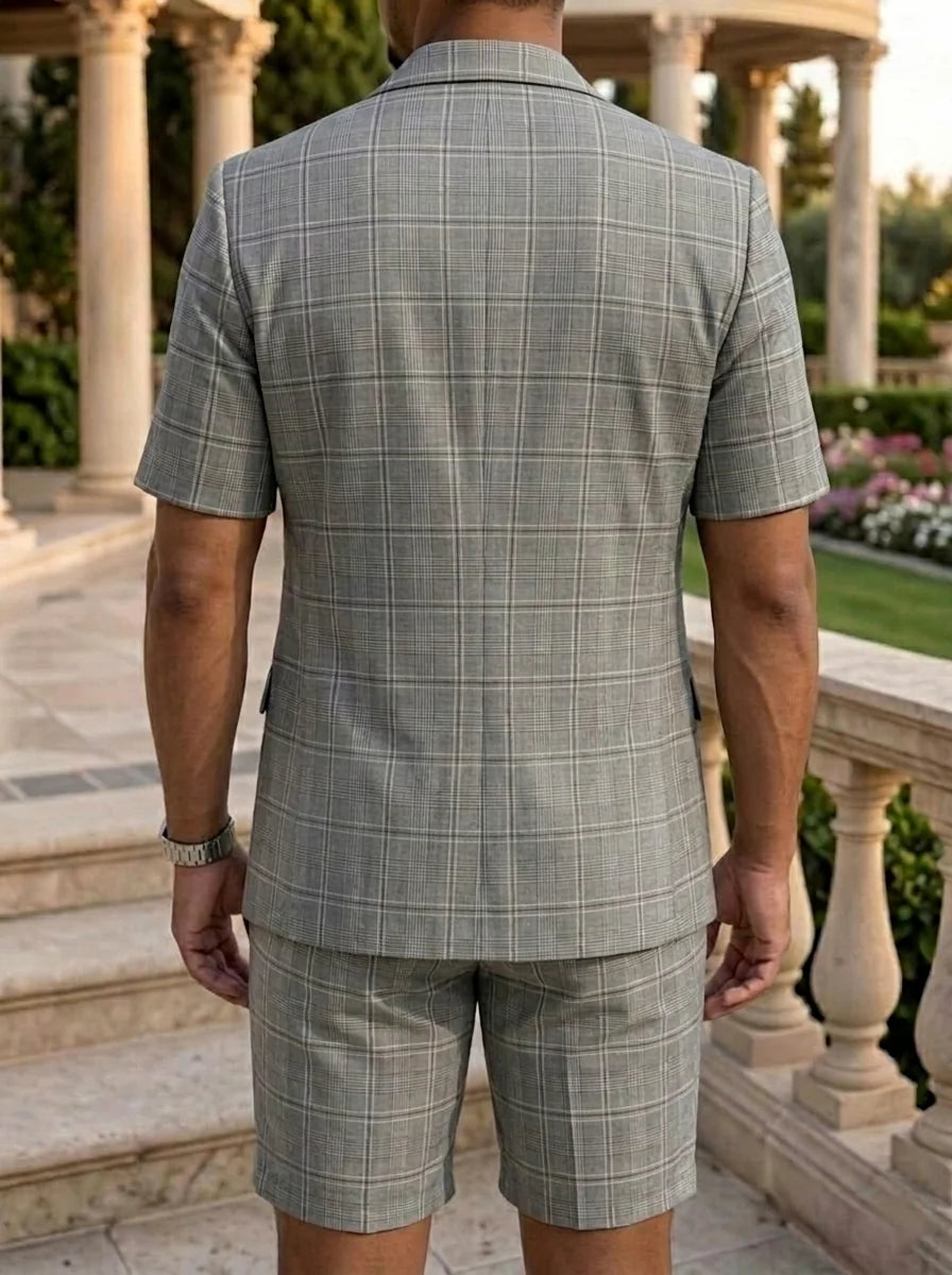 Men's 2 Pieces Single-Breasted Two Buttons Plaid Blazer Short Sleeves