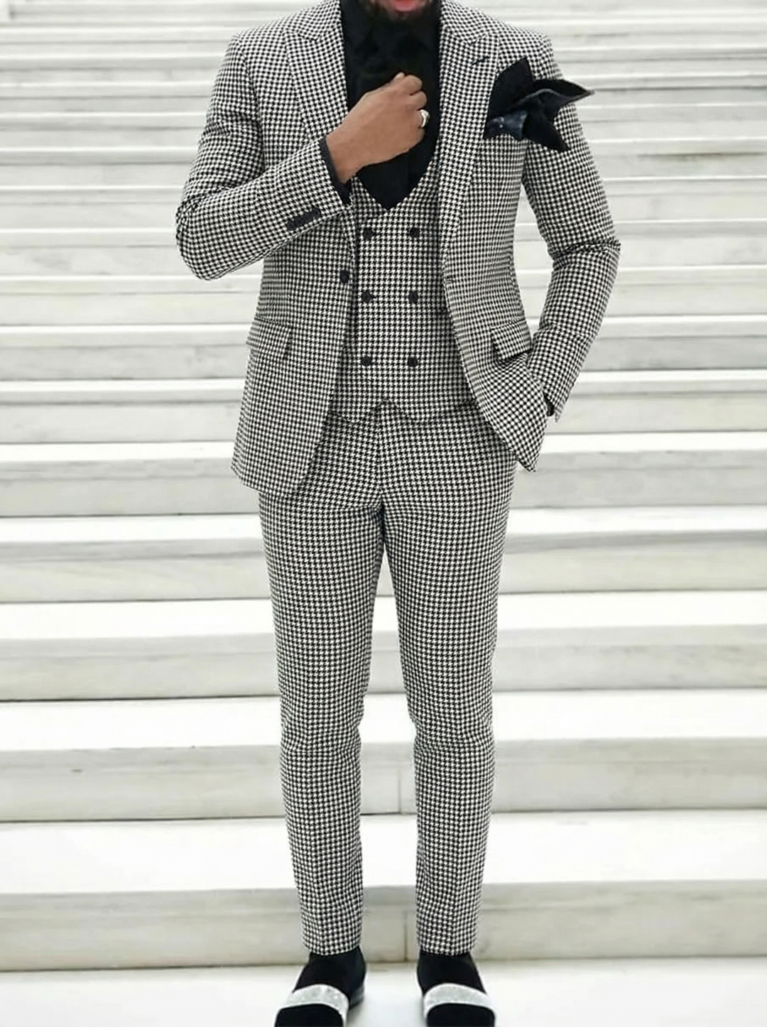 Black White Party Men's Retro Daily Tweed Single Breasted One-Button Party Casual Wedding Suits