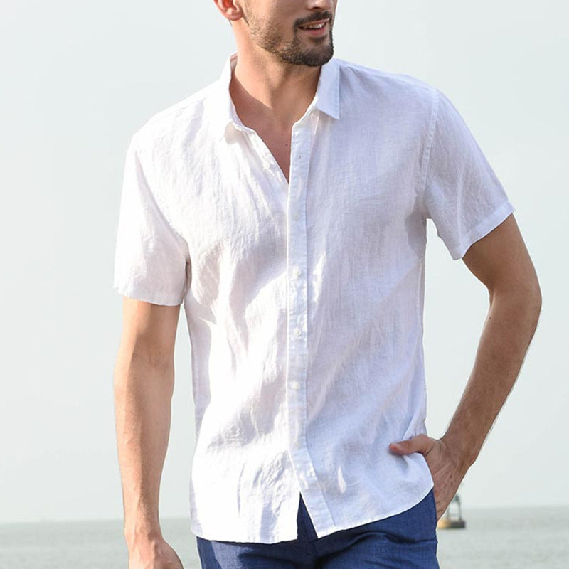 Men's Casual Short Sleeves Solid Colour Cotton Shirt