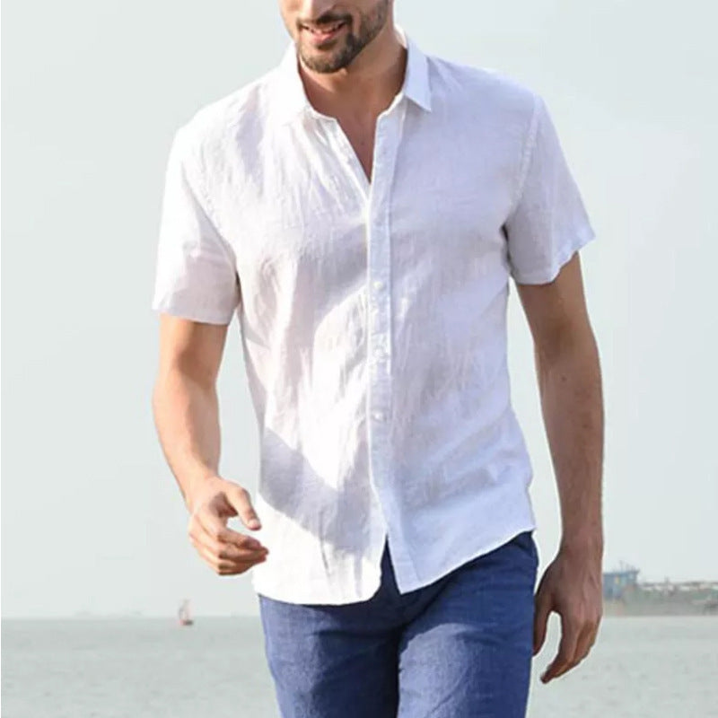 Men's Casual Short Sleeves Solid Colour Cotton Shirt