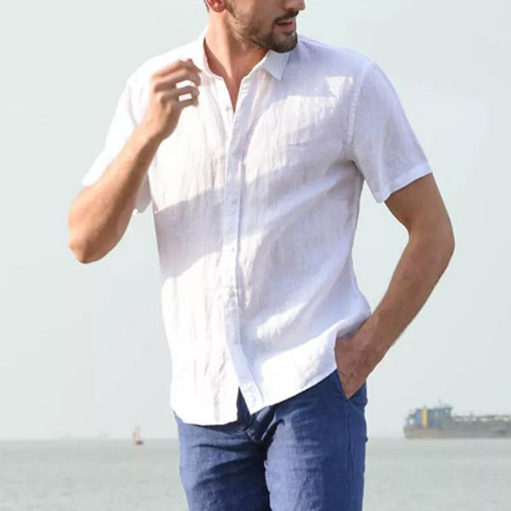 Men's Casual Short Sleeves Solid Colour Cotton Shirt