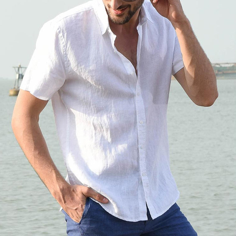 Men's Casual Short Sleeves Solid Colour Cotton Shirt