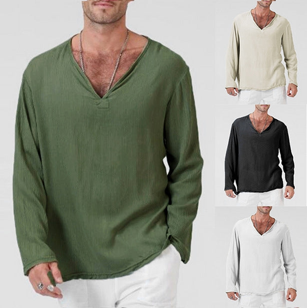 Men's Casual V-Neck Long Sleeves Solid Colour Shirt