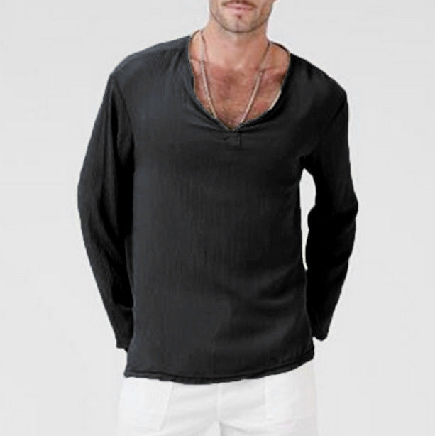 Men's Casual V-Neck Long Sleeves Solid Colour Shirt