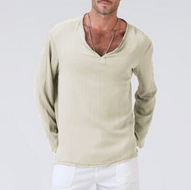 Men's Casual V-Neck Long Sleeves Solid Colour Shirt