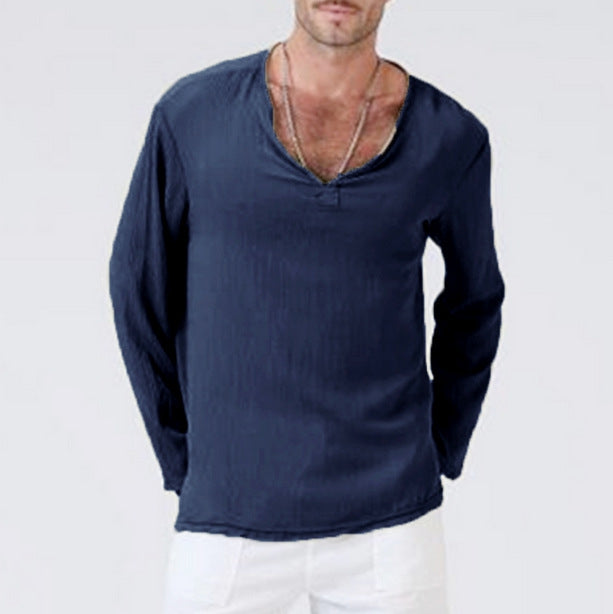 Men's Casual V-Neck Long Sleeves Solid Colour Shirt