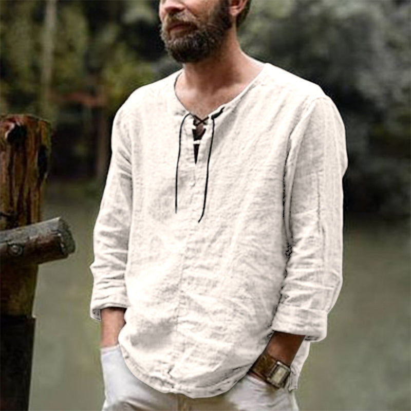 Men's Round Neck Casual Long Sleeves Solid Colour Shirt