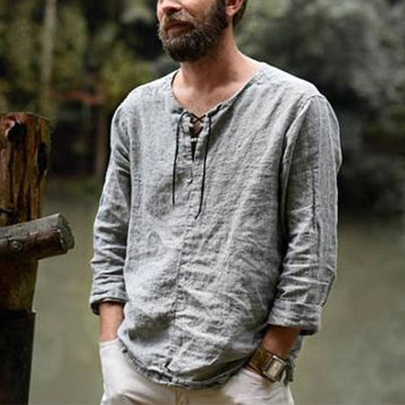 Men's Round Neck Casual Long Sleeves Solid Colour Shirt