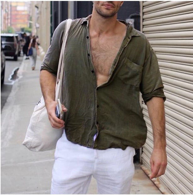 Men's Lapel Casual Long Sleeves Solid Colour Shirt with Pocket