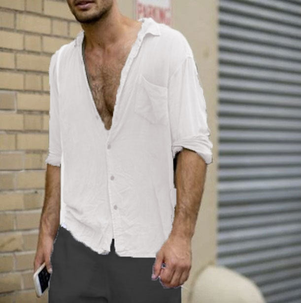 Men's Lapel Casual Long Sleeves Solid Colour Shirt with Pocket