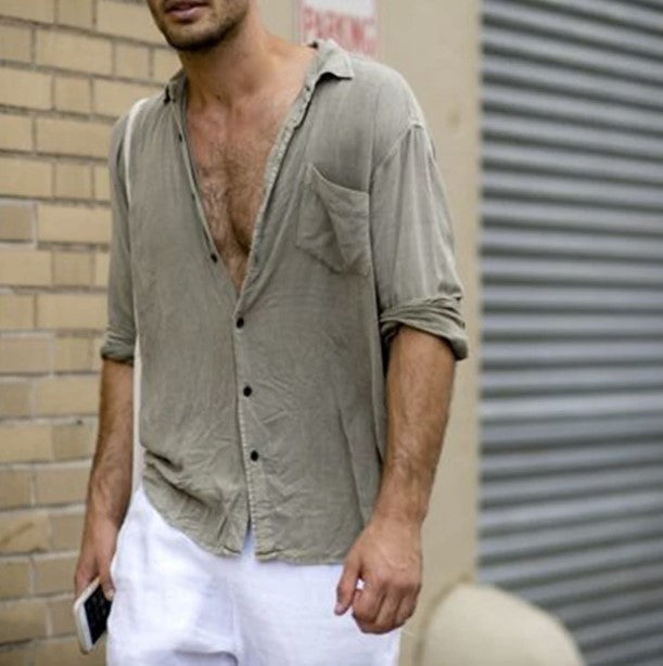 Men's Lapel Casual Long Sleeves Solid Colour Shirt with Pocket