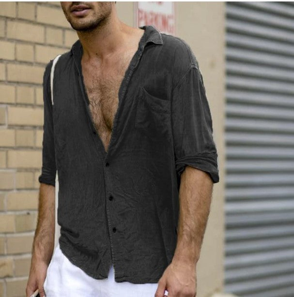 Men's Lapel Casual Long Sleeves Solid Colour Shirt with Pocket