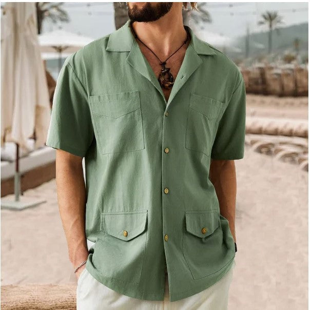 Men's Lapel Casual Short Sleeves Solid Colour Shirt with Pockets