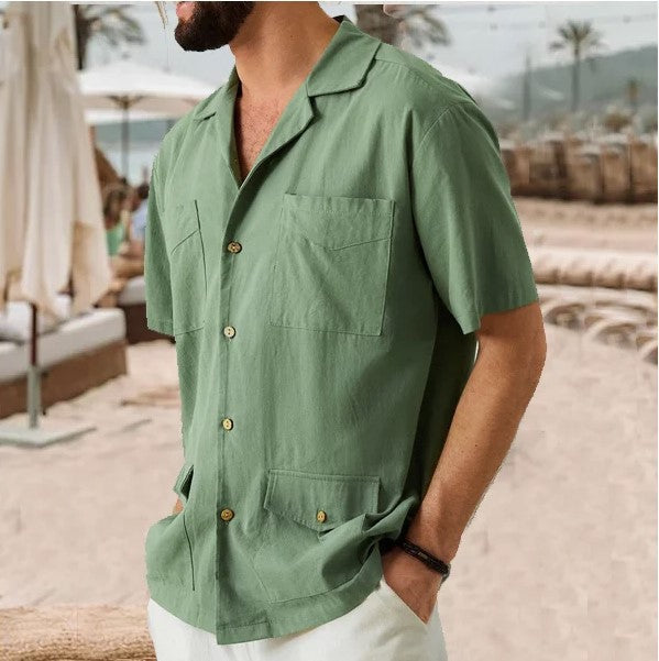 Men's Lapel Casual Short Sleeves Solid Colour Shirt with Pockets