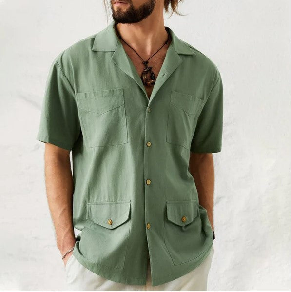 Men's Lapel Casual Short Sleeves Solid Colour Shirt with Pockets