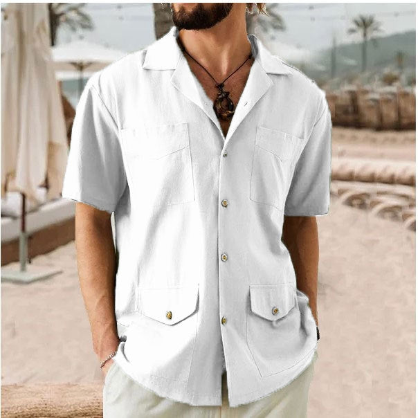 Men's Lapel Casual Short Sleeves Solid Colour Shirt with Pockets