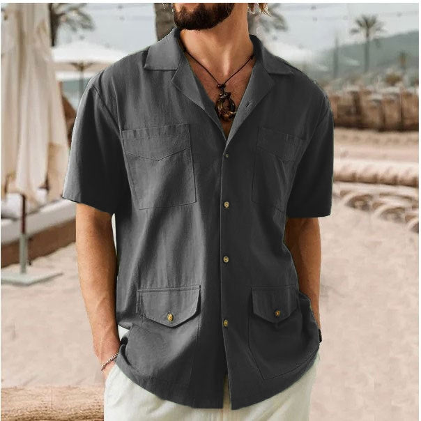 Men's Lapel Casual Short Sleeves Solid Colour Shirt with Pockets