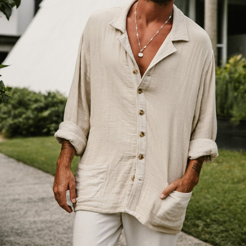 Men's Lapel Casual Long Sleeves Solid Colour Shirt with Pockets