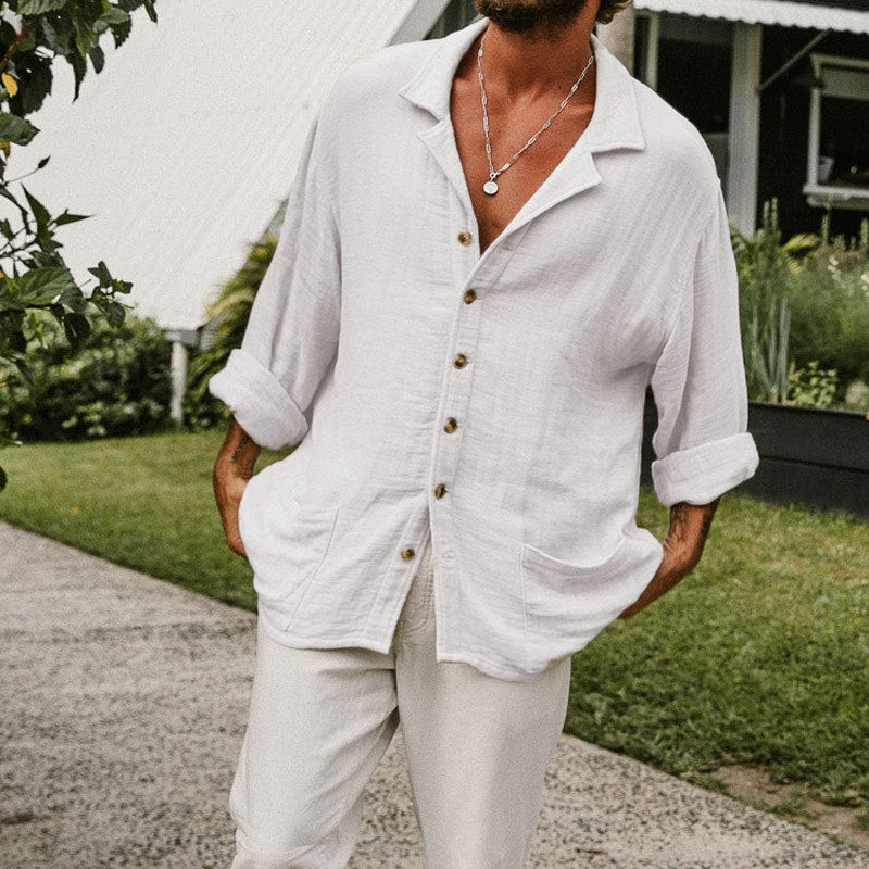 Men's Lapel Casual Long Sleeves Solid Colour Shirt with Pockets