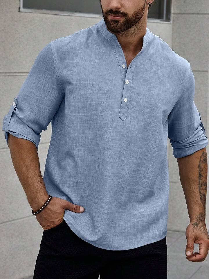 Men's Stand Collar Casual Long Sleeves Solid Colour Shirt