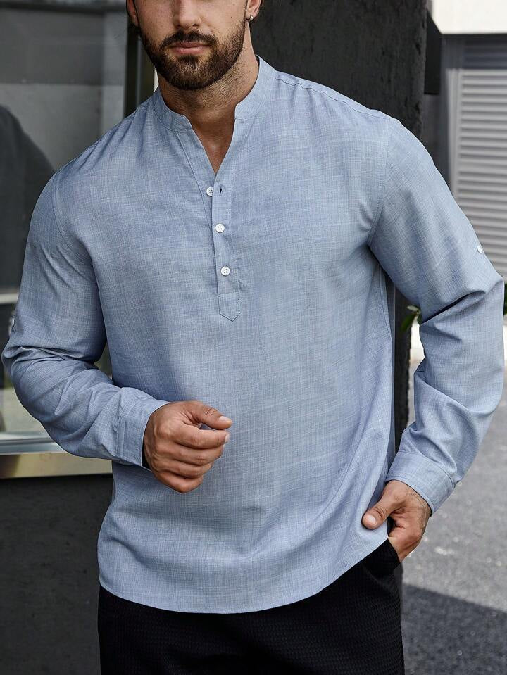 Men's Stand Collar Casual Long Sleeves Solid Colour Shirt