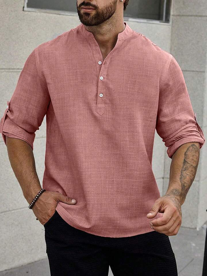 Men's Stand Collar Casual Long Sleeves Solid Colour Shirt