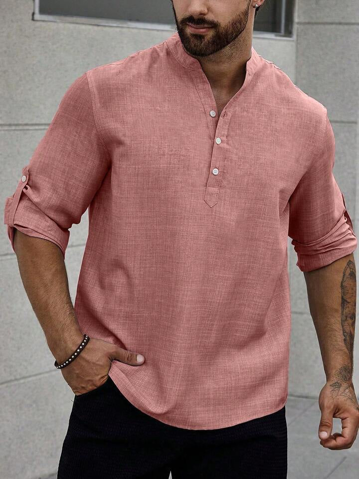 Men's Stand Collar Casual Long Sleeves Solid Colour Shirt