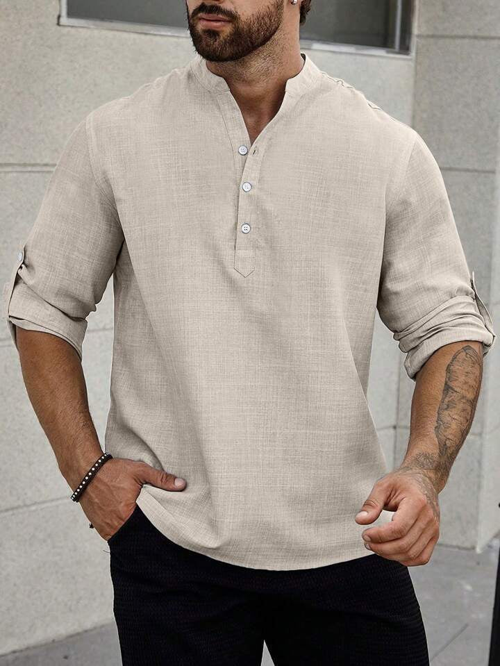 Men's Stand Collar Casual Long Sleeves Solid Colour Shirt