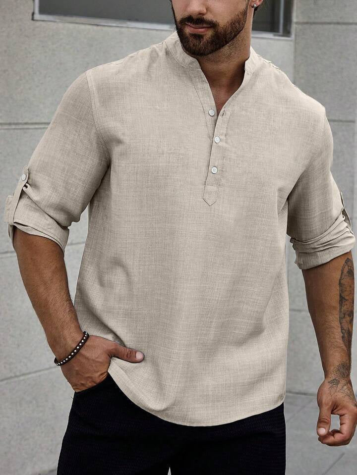 Men's Stand Collar Casual Long Sleeves Solid Colour Shirt