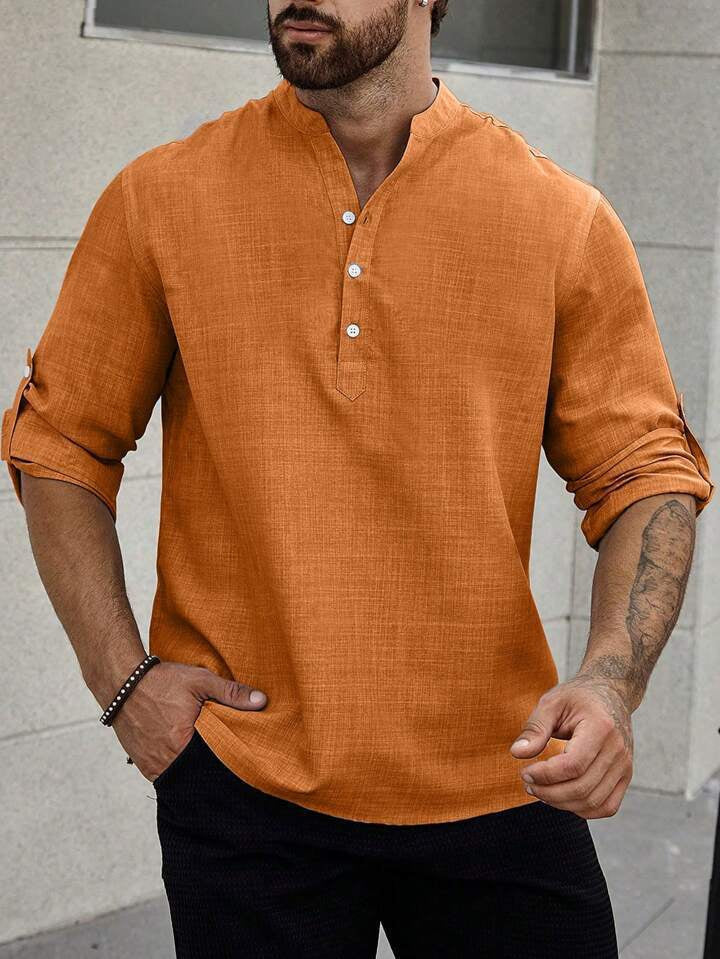 Men's Stand Collar Casual Long Sleeves Solid Colour Shirt