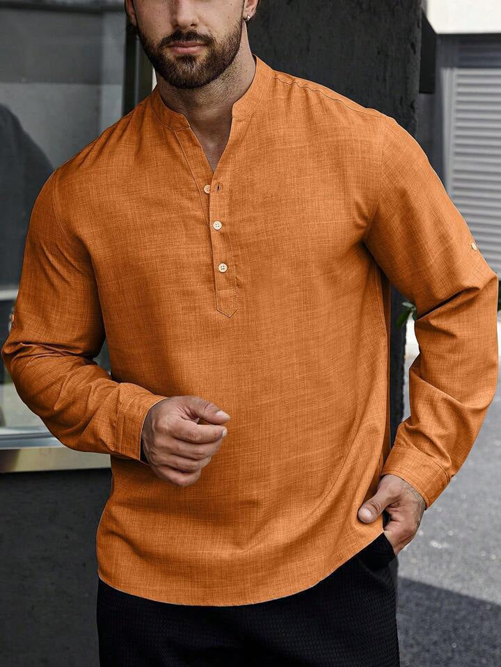 Men's Stand Collar Casual Long Sleeves Solid Colour Shirt