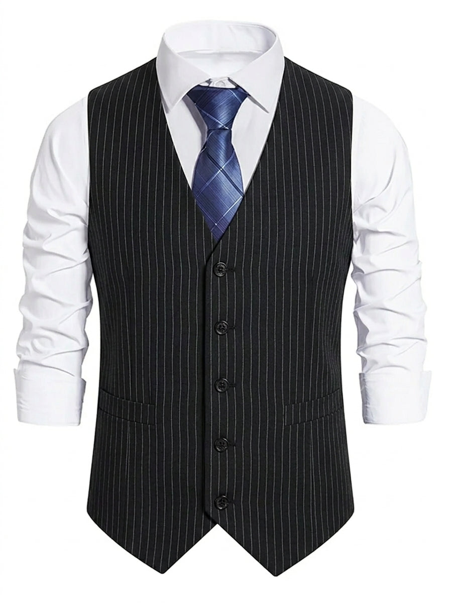 Black Men's Formal Striped Single Breasted Buttons Retro Vest