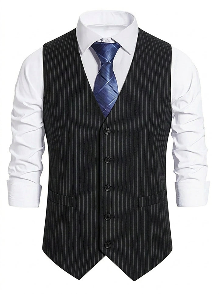 Black Men's Formal Striped Single Breasted Buttons Retro Vest