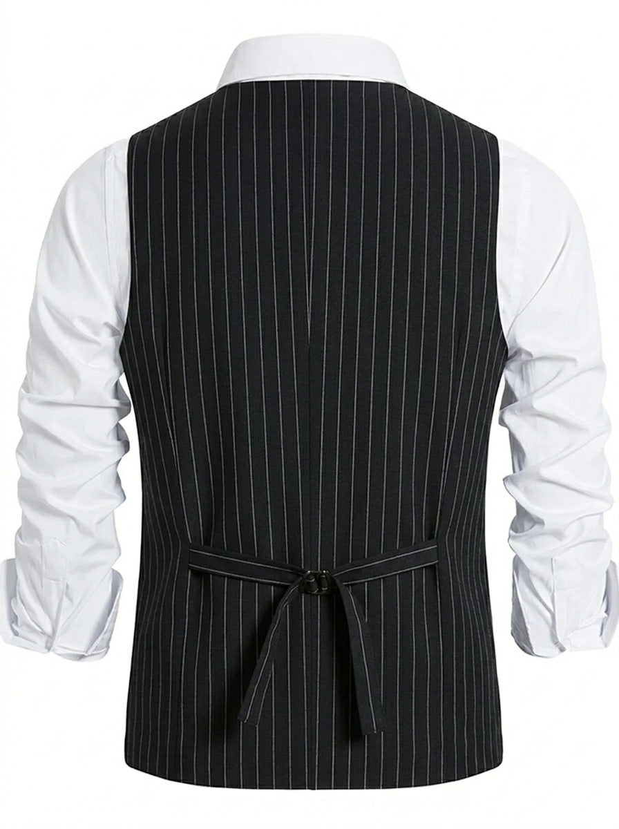 Black Men's Formal Striped Single Breasted Buttons Retro Vest