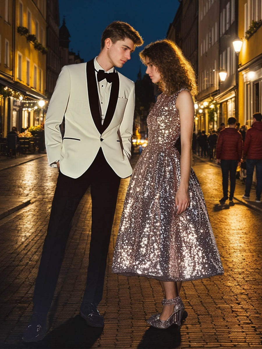 A-Line/Princess Scoop Sleeveless Tea-Length Sequined Prom Dresses