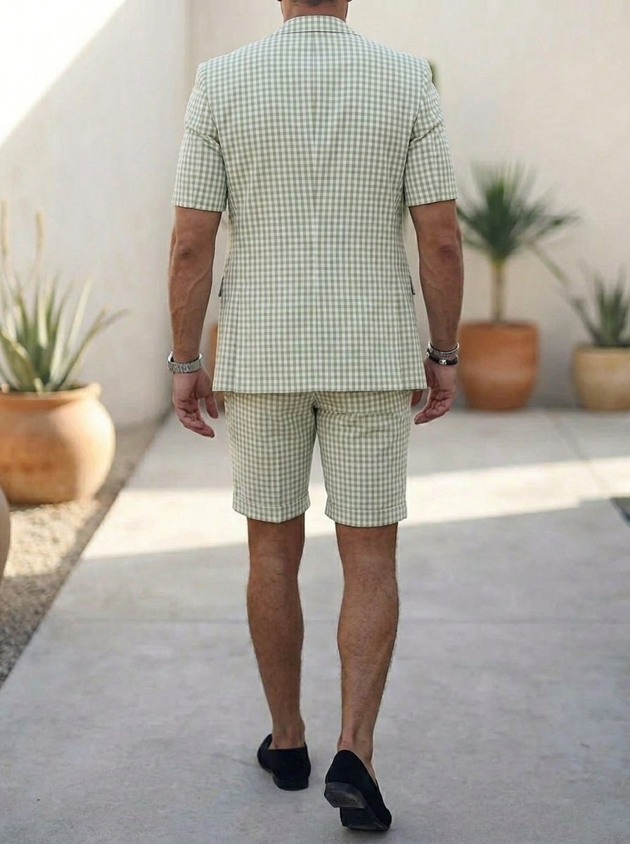 Men's Single Breasted Two-Buttons 2 Pieces Plaid Suits Short Sleeves