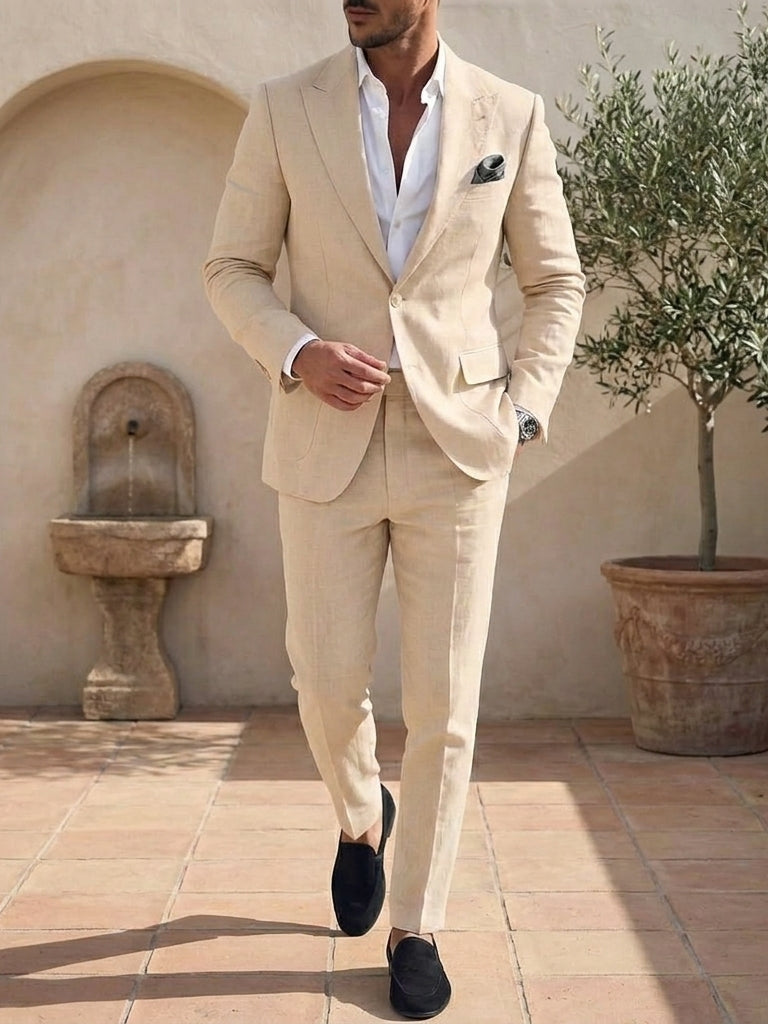 Men's Single Breasted One-Button 2 Pieces Linen Solid colour Suits Long Sleeves