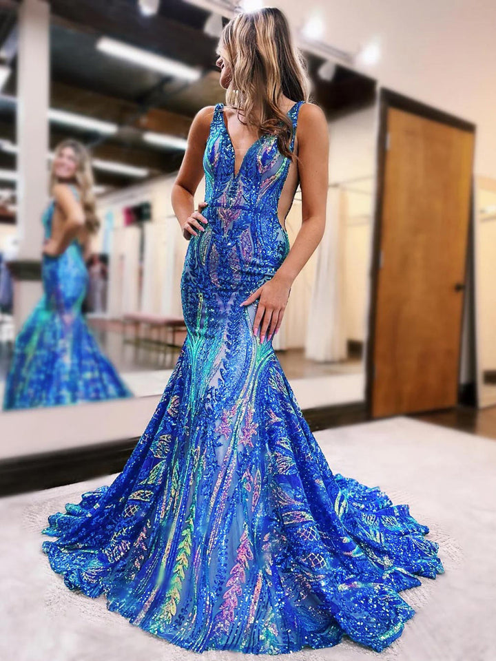 Trumpet/Mermaid V-Neck Sleeveless Floor-length Long Prom Dresses with Sequins & Ruffles