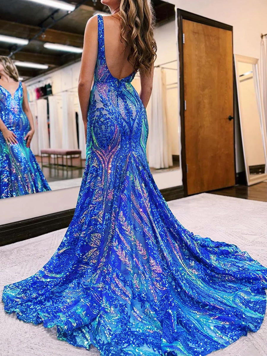 Trumpet/Mermaid V-Neck Sleeveless Floor-length Long Prom Dresses with Sequins & Ruffles