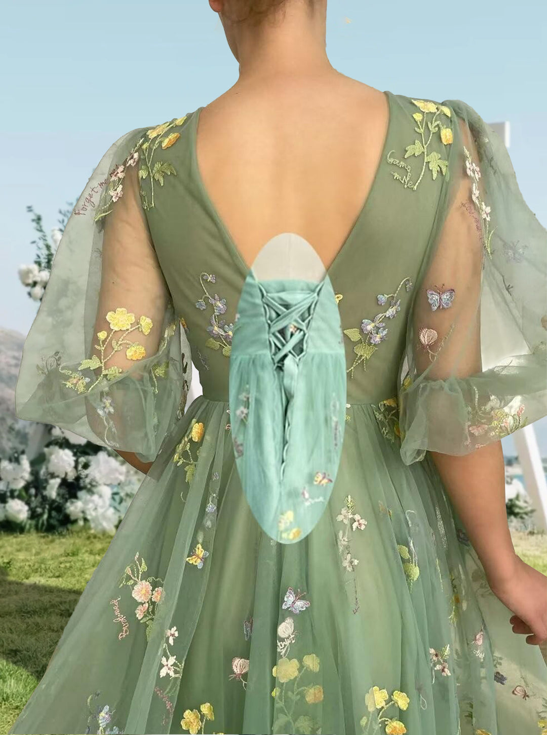 A-Line/Princess V-Neck Short Sleeves Floral Long Formal Prom Dresses With Flowers
