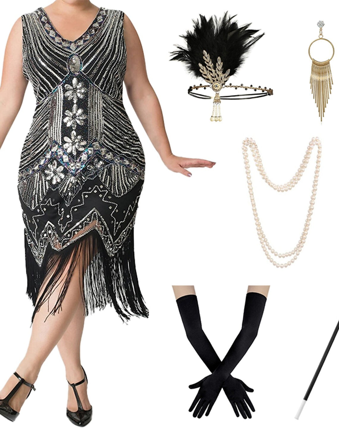 A-Line/Princess V-Neck Sleeveless Tea-Length Vintage Dress 6 PCS with Feather Headband Earings Necklace Gloves