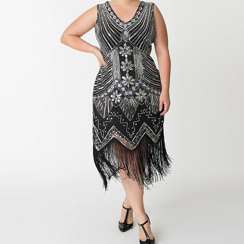 A-Line/Princess V-Neck Sleeveless Tea-Length Vintage Dress 6 PCS with Feather Headband Earings Necklace Gloves