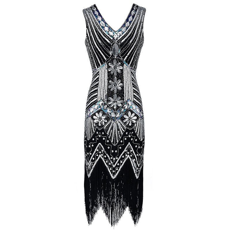 A-Line/Princess V-Neck Sleeveless Tea-Length Vintage Dress 6 PCS with Feather Headband Earings Necklace Gloves