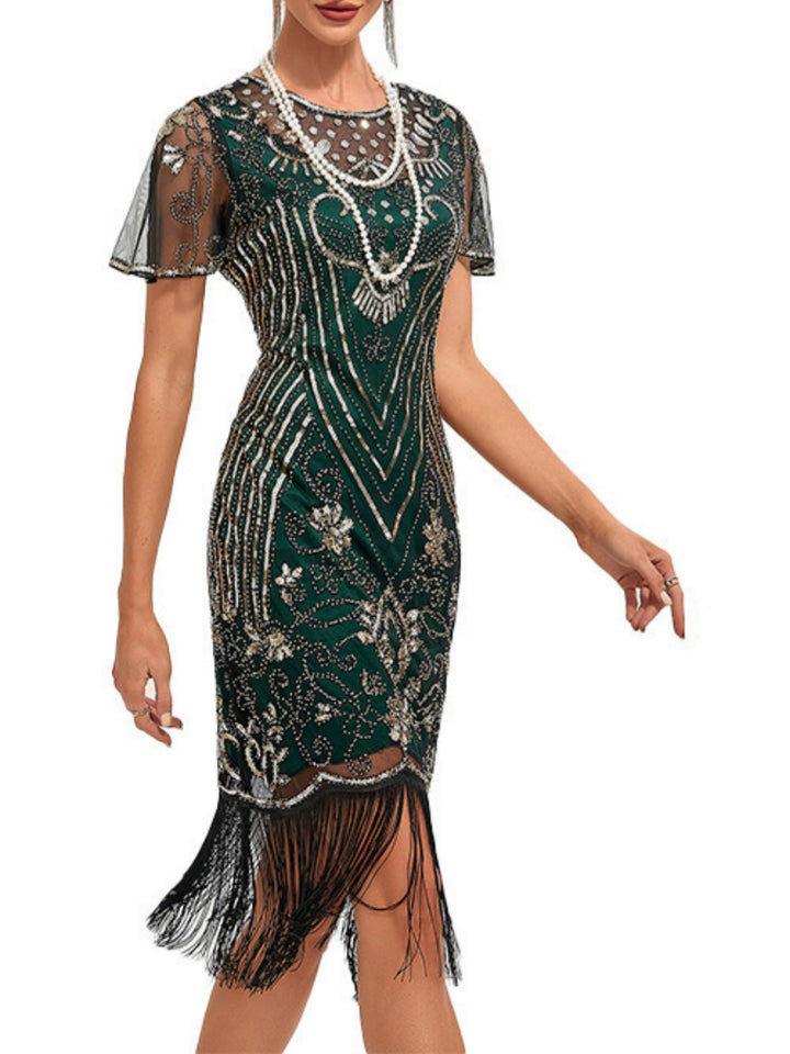 A-Line/Princess Jewel Neck Short Sleeve Knee-Length Vintage Dress with Tassel Fringe & Sequins